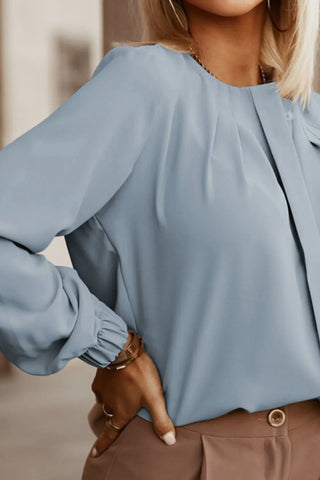 Button Up Round Neck Long Sleeve Shirt Divacious