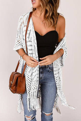 Openwork Open Front Cardigan with Fringes Divacious