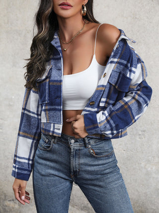 Plaid Button Up Drop Shoulder Cropped Jacket Divacious