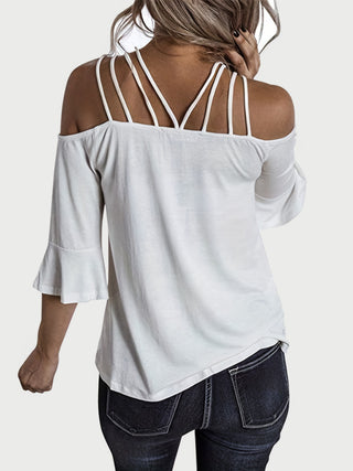 Full Size Cold Shoulder Three-Quarter Sleeve Blouse Divacious