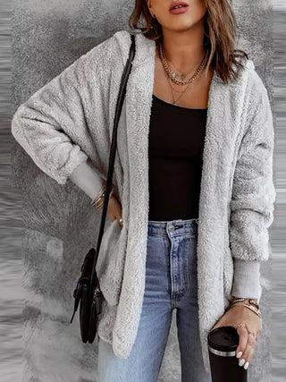 Open Front Hooded Faux Fur Outwear with Pockets Divacious