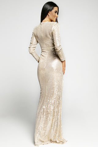 Sequin Cutout Ruched Split Long Sleeve Maxi Dress Trendsi