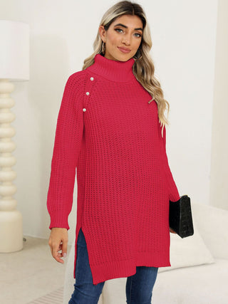 Slit Turtleneck Long Sleeve Sweater - Divacious