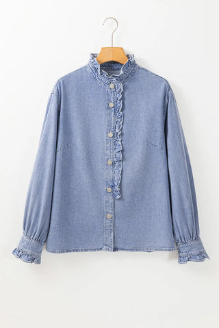 Frill Button Up Long Sleeve Denim Top Trendsi