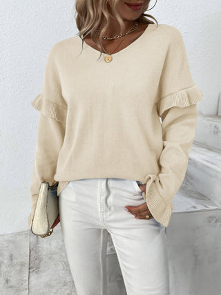 Ruffled V-Neck Dropped Shoulder Sweater Divacious