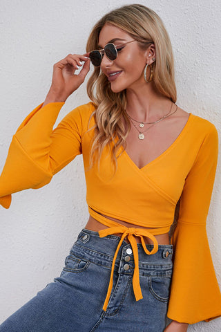 Tie Front Flare Sleeve Cropped Top Divacious