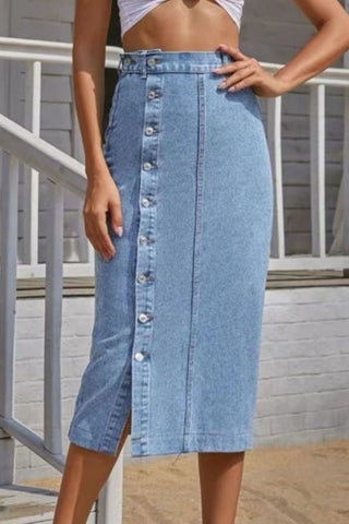 Buttoned Split Denim Skirt Divacious