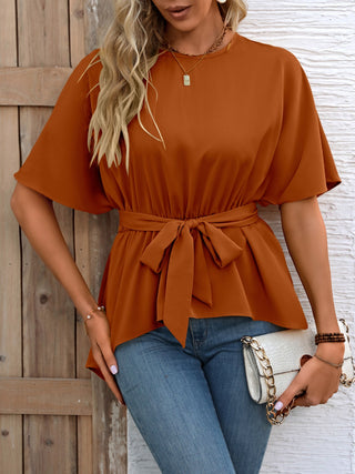 Tied Round Neck Half Sleeve Blouse Divacious