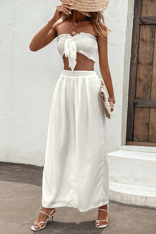 Shiny Smocked Tube Top and Wide Leg Pants Set Trendsi