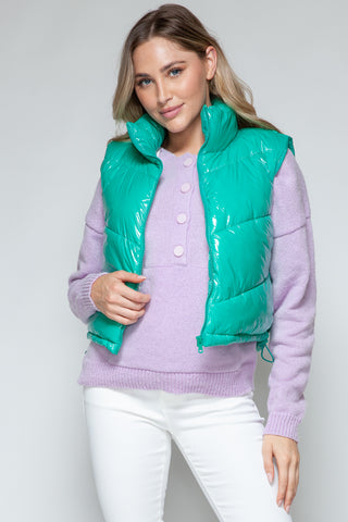 Snobbish Zip Up Turtleneck Shiny Quilted Vest Trendsi