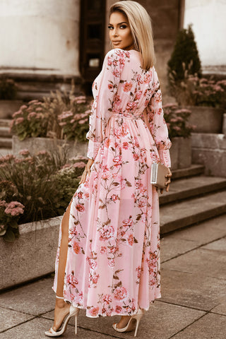 Floral Tie Belt Bishop Sleeve Slit Maxi Dress Trendsi