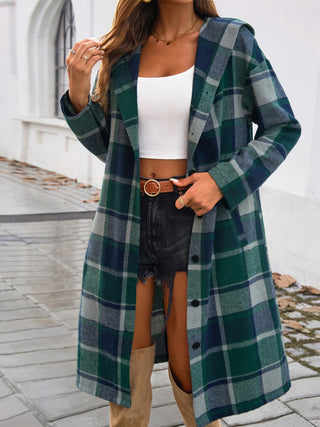 Plaid Long Sleeve Hooded Coat Divacious