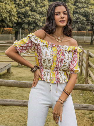 Ruffled Printed Off-Shoulder Short Sleeve Blouse Divacious