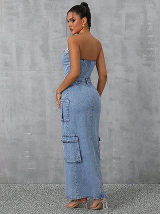 Slit Half Button Tube Denim Dress - Divacious