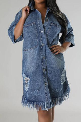 Distressed Raw Hem Button Up Denim Dress Divacious