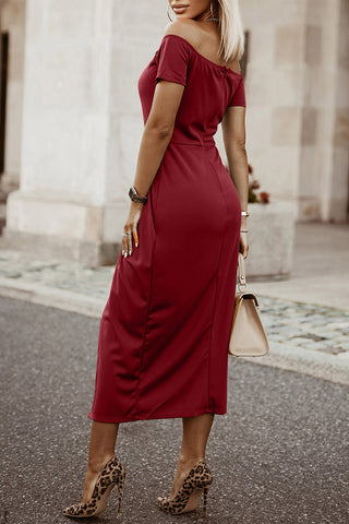 Off-Shoulder Short Sleeve Split Dress Trendsi