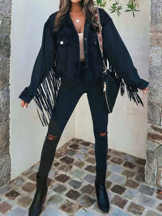 Fringe Button Up Long Sleeve Denim Jacket Divacious