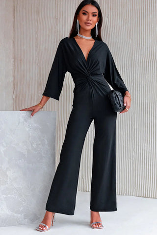 Twisted Plunge Three-Quarter Sleeve Jumpsuit Divacious