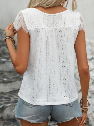 Eyelet Lace Detail V-Neck Cap Sleeve Top Divacious