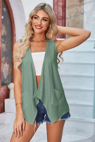 Eyelet Open Front Sleeveless Cardigan Divacious