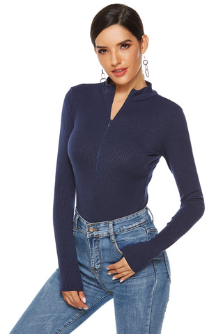 Full Size Ribbed Half Zip Long Sleeve Bodysuit Divacious