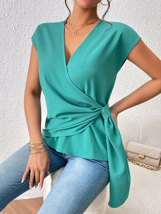 Tied Surplice Neck Short Sleeve Blouse Divacious