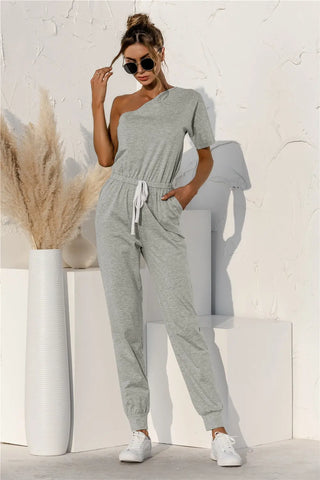 Single Shoulder Short Sleeve Jumpsuit Divacious