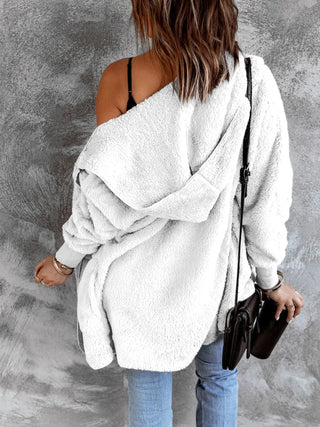 Open Front Hooded Faux Fur Outwear with Pockets Divacious