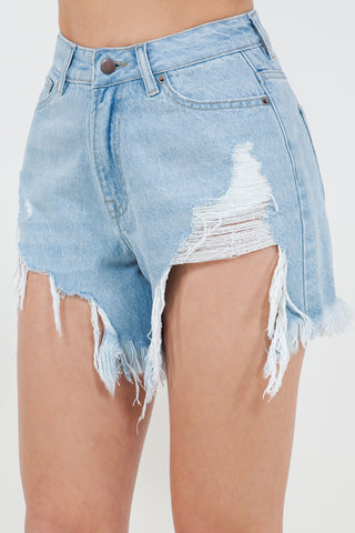 High Waist Fringed Hem Denim Shorts Divacious