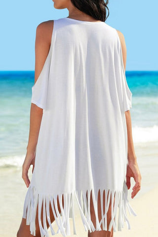 Fringe V-Neck Cold Shoulder Cover Up Divacious