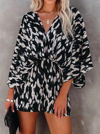 Tied Printed Kimono Sleeve Romper Divacious