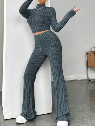 Ribbed Mock Neck Long Sleeve Top and Pants Set Trendsi