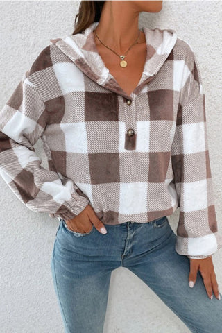 Plaid Quarter Button Dropped Shoulder Hoodie Divacious