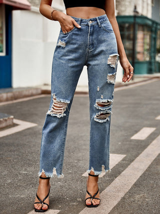 Distressed Raw Hem Jeans with Pockets - Divacious