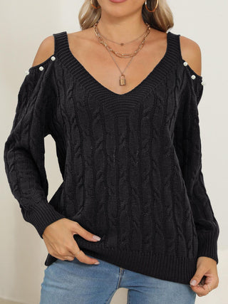 Cable-Knit Cold Shoulder Sweater - Divacious