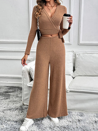 Surplice Long Sleeve Top and Pants Set - Divacious