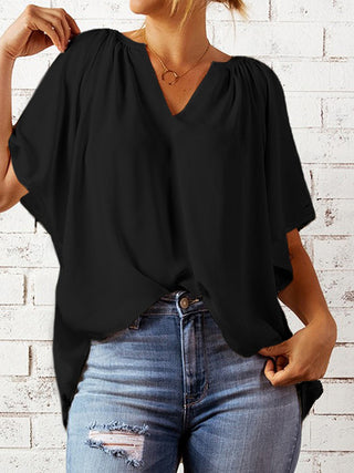 Ruched Notched Half Sleeve Blouse Divacious