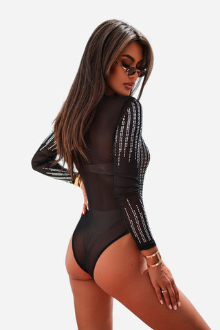 Rhinestone Round Neck Long Sleeve Bodysuit Divacious