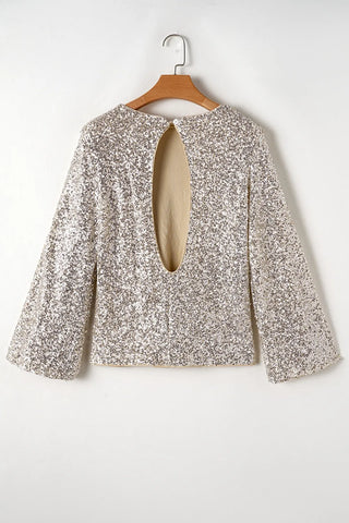 Cutout Sequin Round Neck Long Sleeve Blouse - Divacious