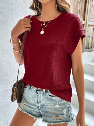 Textured Round Neck Short Sleeve Top Divacious