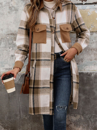 Plaid Button Up Long Sleeve Coat Divacious