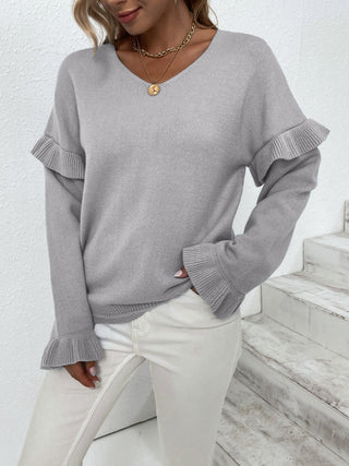 Ruffled V-Neck Dropped Shoulder Sweater Divacious