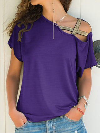 Asymmetrical Neck Short Sleeve T-Shirt Divacious