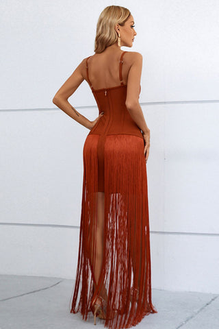 Cutout Strappy Neck Fringe Dress Trendsi