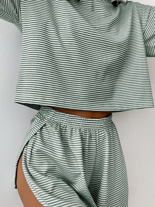 Striped Round Neck Top and Shorts Set Trendsi