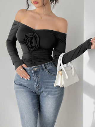 Ruched Flower Off-Shoulder Long Sleeve Bodysuit - Divacious