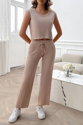 Ribbed Round Neck Top and Pants Set - Divacious