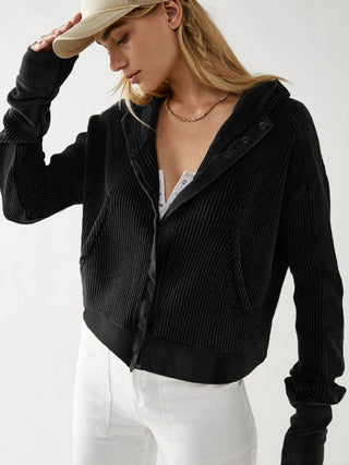 Waffle-Knit Dropped Shoulder Hooded Jacket Divacious