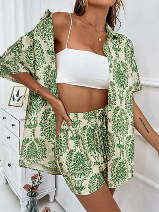 Printed Button Up Top and Shorts Set Trendsi