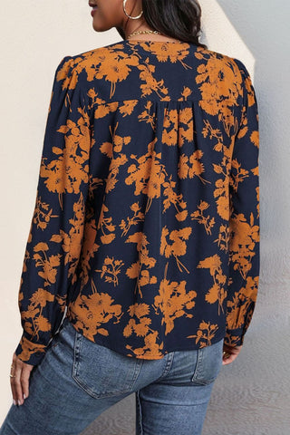 Printed Notched Long Sleeve Blouse Divacious